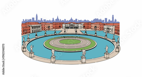 Ornate waterside plaza with classical statues and grand central building