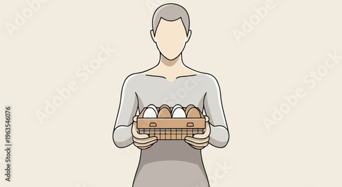 Person holding a carton of six eggs, three white and three brown