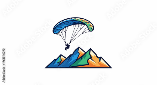 Paraglider soars above colorful mountains in a vibrant illustration