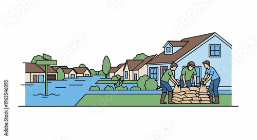 Neighbors help place sandbags against rising floodwaters, protecting homes