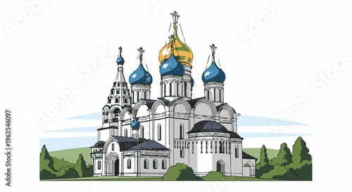 Ornate white cathedral with blue and golden domes, set against a light sky