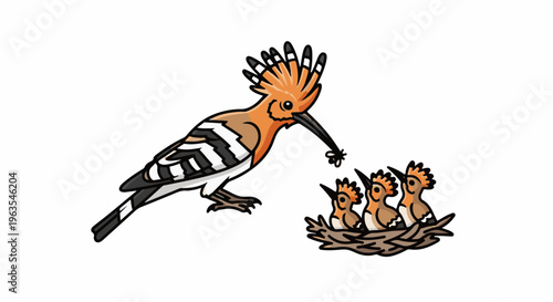 Parent bird feeding chicks in a nest with a worm