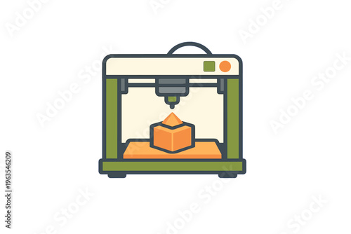 3D printer creating a small cube model on an orange platform in a workshop setting during daytime
