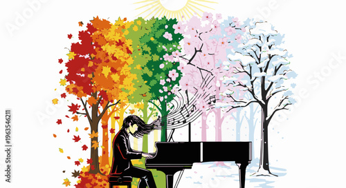 Pianist plays through changing seasons, with musical notes floating like leaves
