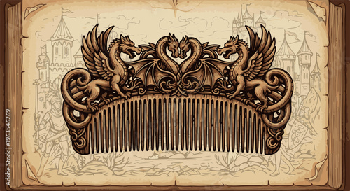 Ornate dragon-carved comb presented against a backdrop of medieval sketches