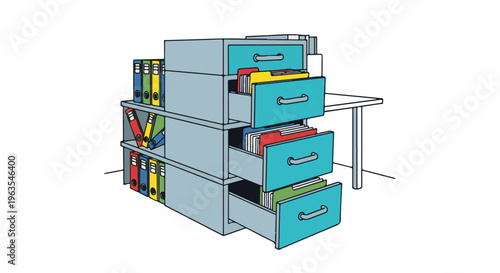 Office storage unit with binders and file drawers beside desk