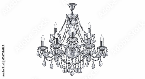Ornate chandelier with multiple arms, glowing bulbs, and dangling crystal prisms
