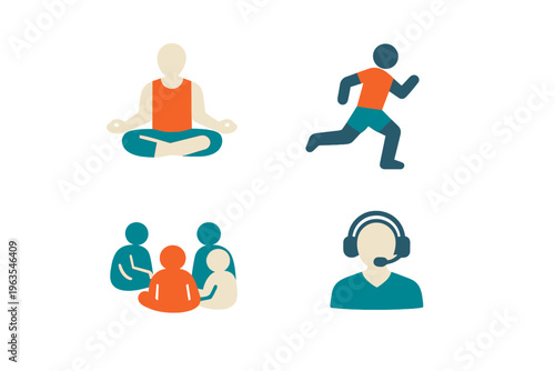 People engaged in different activities such as meditation, running, socializing, and using headsets at different times of the day