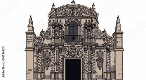 Ornate facade of an ancient building, featuring intricate carvings and a grand archway