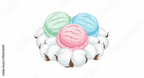 Pastel scoops of ice cream nestled in fluffy white cotton bolls
