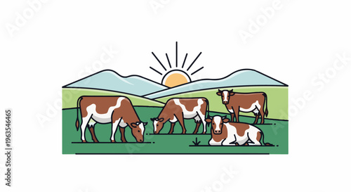 Pastoral scene with cows grazing on a green field beneath mountains and sun