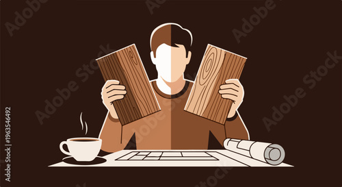 Person holding wood planks near blueprints and coffee