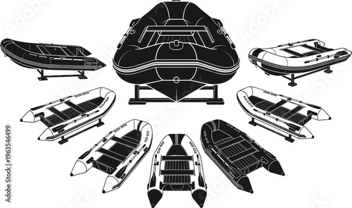 Inflatable boat silhouettes in multiple views, vector illustration of pontoons, hulls, and marine designs for water sports, travel, fishing, and outdoor concepts