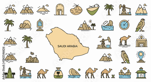Montage of Saudi Arabian icons map, camels, palms, mountains, oil rigs