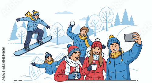 People enjoying winter activities like snowboarding, snowball fighting, and drinking hot beverages