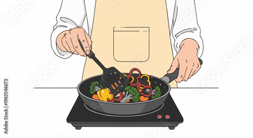 Person in apron cooking colorful vegetables in a pan on a stovetop