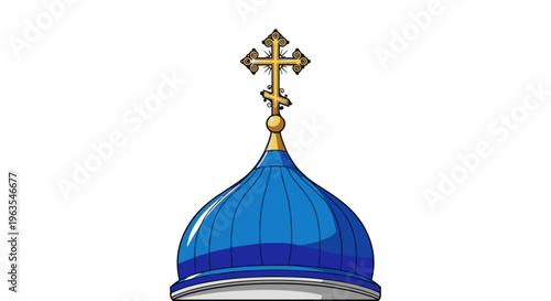 Ornate golden cross atop a vibrant blue domed roof