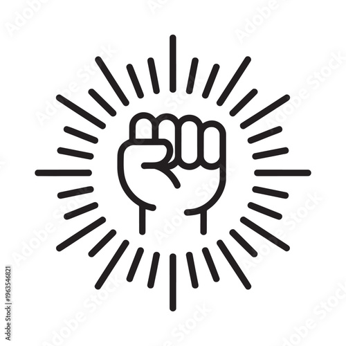 A line art illustration of a raised fist within a burst of radiating lines