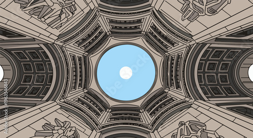 Ornate domed ceiling with geometric patterns and a bright sky opening