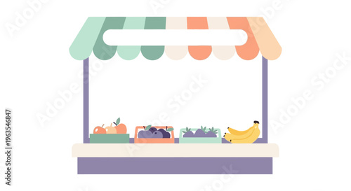 Cartoon Fruit Stand with Colorful Awning.
