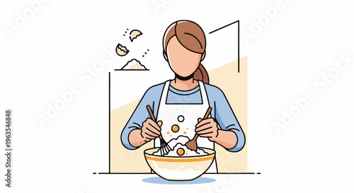 Person in apron mixing ingredients with spoons in a bowl