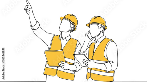 Continuous line drawing of two construction workers discussing project on site