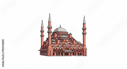 Ornate, domed mosque with multiple minarets, rendered in a cartoonish style