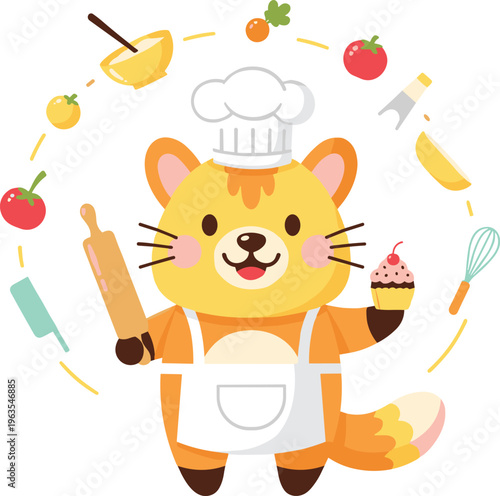 Cute Cartoon Fox Chef Character Holding Rolling Pin and Cupcake Surrounded by Baking Ingredients, Cooking Utensils, and Whisk in Fun Culinary Vector Illustration