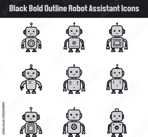 ai robot assistant icons,, rounded and outline mix, simple clean vector.