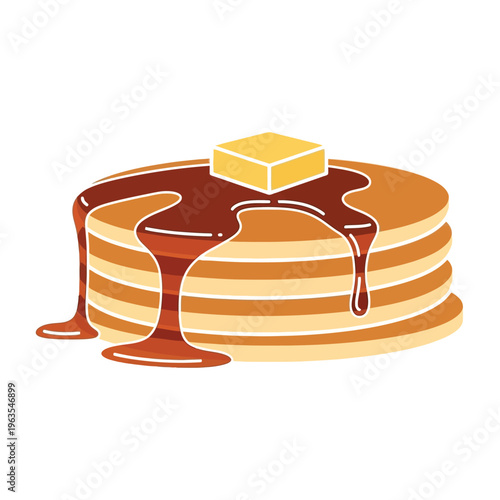 Stack of pancakes with dripping maple syrup and butter on top, flat vector illustration for breakfast and brunch themes