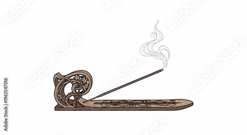 Ornate wooden incense burner with smoke rising from stick