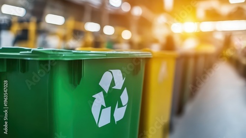 Industrial recycling bins in a modern factory setting, promoting eco friendly waste management solutions.