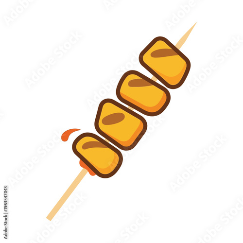 Grilled fish cake skewer illustration, Korean street food snack on a wooden stick, vector icon