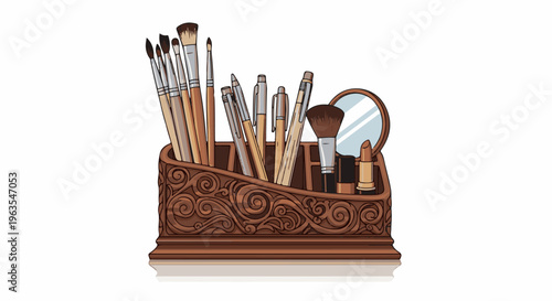 Ornate wooden organizer holds art and makeup tools, plus a compact mirror