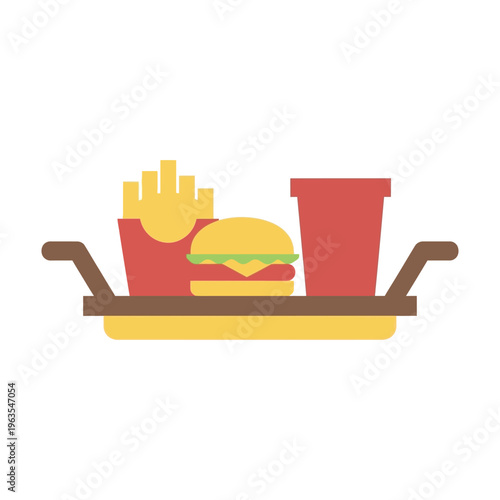 Fast food meal with hamburger french fries and soda on a tray flat vector illustration
