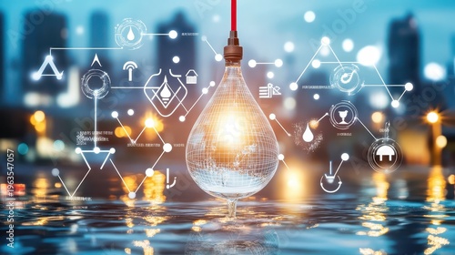 Innovative water conservation technology concept with glowing lightbulb drop in urban setting