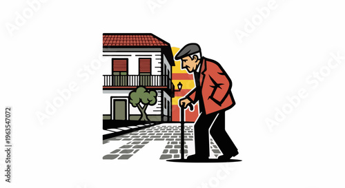 Old man with cane walks down cobbled street past buildings