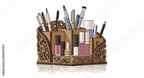 Ornate wooden organizer holds pens, makeup, and art supplies
