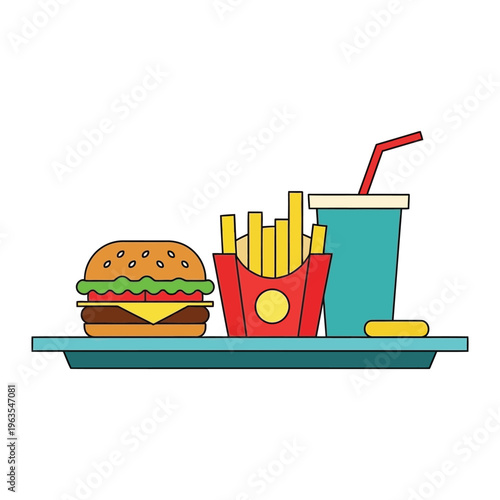 Fast food meal illustration with hamburger french fries and soda on a tray