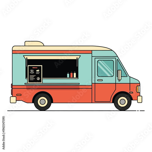 Retro food truck illustration with open service window and menu board for street food business