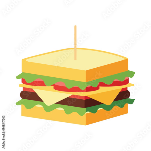 Club sandwich with layers of fresh lettuce, tomato, cheese, and meat, flat vector illustration
