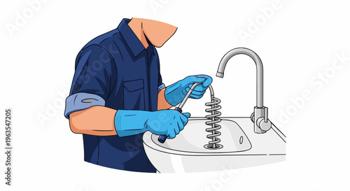 Person in blue shirt and gloves cleaning sink drain with tool