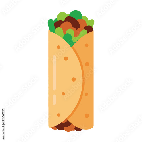 Burrito wrapped with lettuce and meat Mexican food flat vector illustration