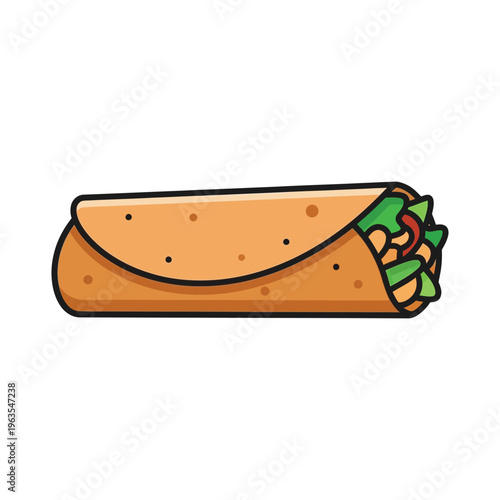 Mexican burrito wrap with meat and vegetables cartoon illustration vector icon
