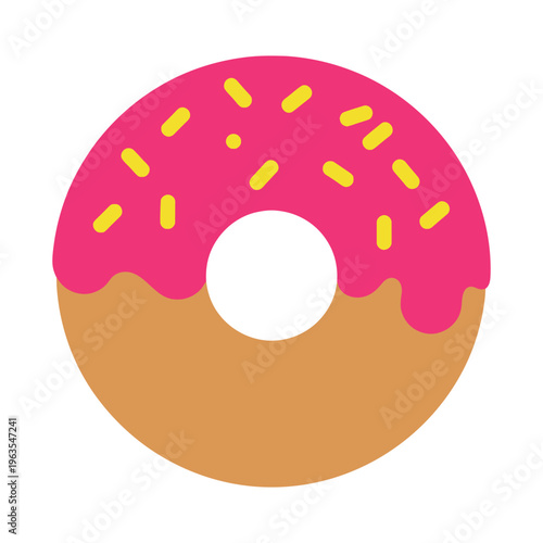Donut with pink frosting and yellow sprinkles flat vector illustration isolated on white