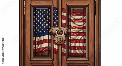 Old wooden doors with a locked American flag graphic behind glass panes