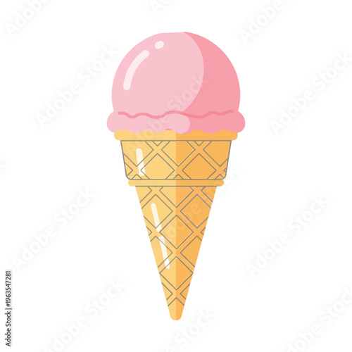 Pink strawberry ice cream scoop in a waffle cone vector illustration