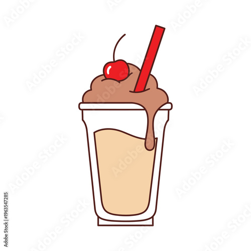 Chocolate Milkshake with Whipped Cream and Cherry in a Plastic Cup Vector Illustration