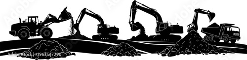 Heavy Construction Machinery Working on a Site, Moving Earth, Vector Illustration