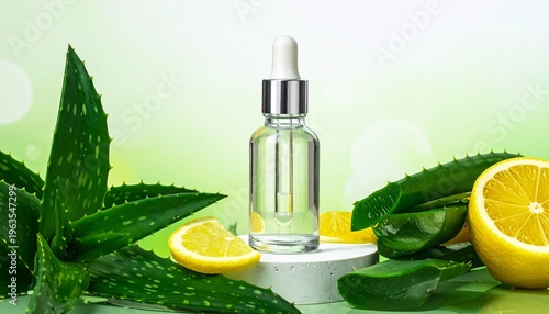Glass dropper bottle with lemon and aloe, symbolizing freshness and natural skincare.